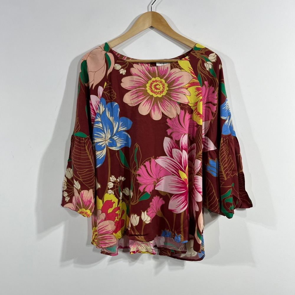Umgee Boho Retro 70s Womens Floral Tiered Bell Sleeve Top NWT Small